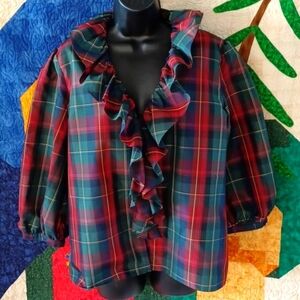 Vintage American Living Deadstock 90s Y2K Plaid Ruffle Blouse Sz XLarge, 23" PTP